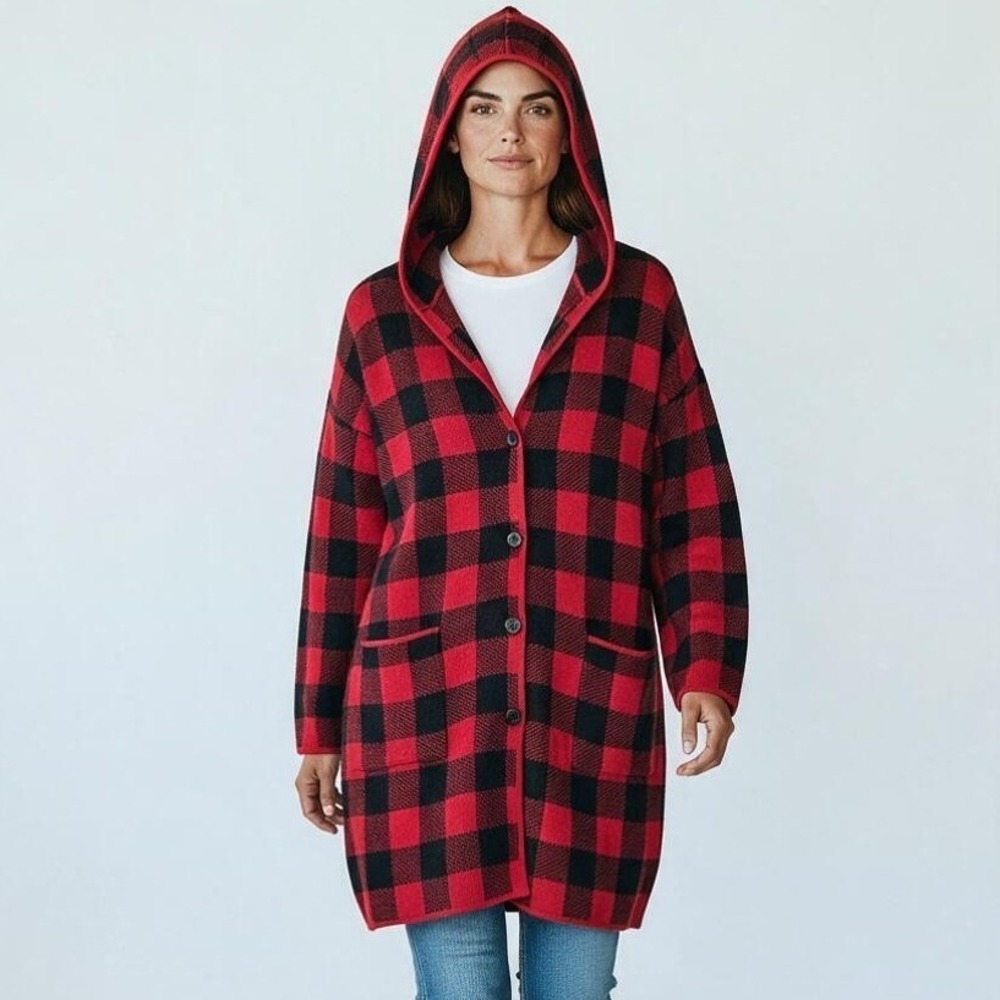 J. Jill Buffalo Plaid Hooded Cardigan Womens M Red Black Button Front NWT